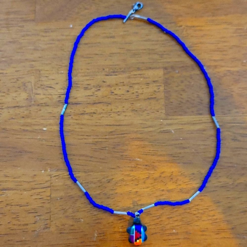 Colorful turtle on purple & Silver beaded choker